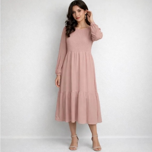 Jillybox Dresses & Skirts - NWT Smocked Bodice Pink Prairie Midi Dress - Size M